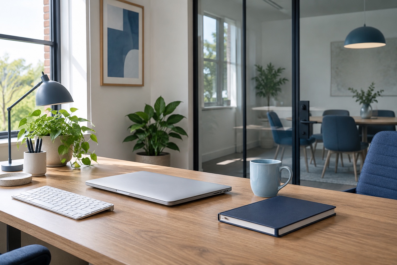 A clean oak desk with a laptop, notebook and blue cup beside a meeting room