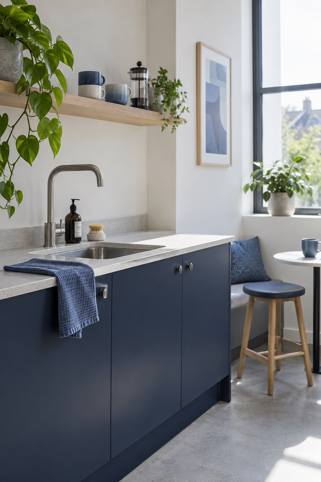 A tidy office kitchenette with navy cabinets, blue cloth and a small break area