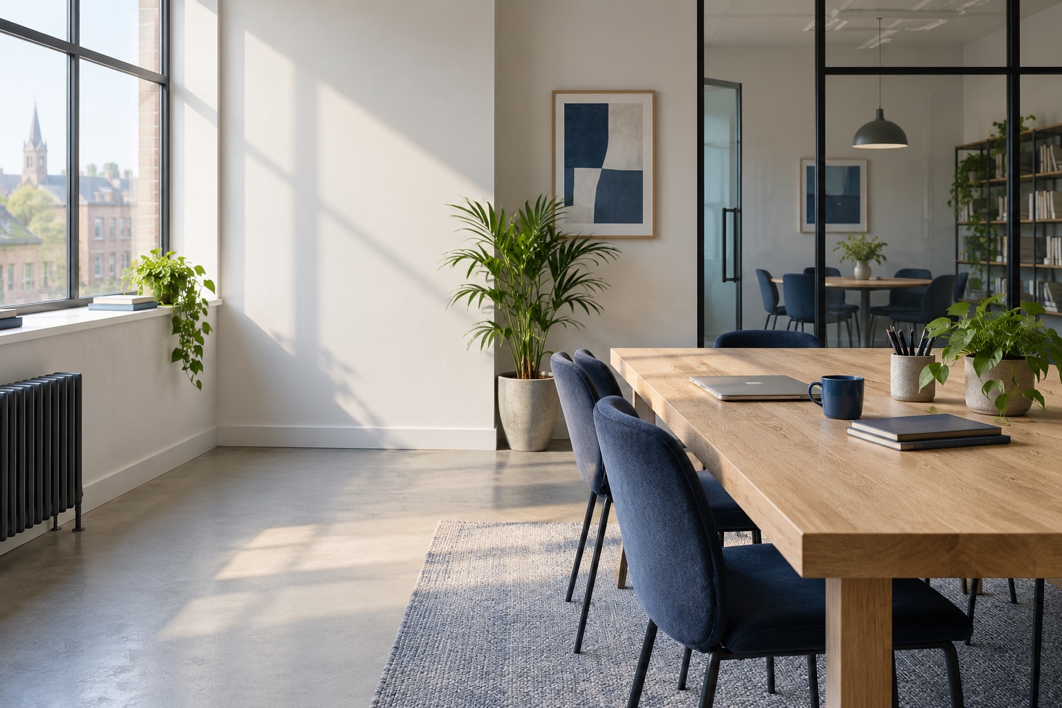 A sunlit studio office with an oak worktable, navy chairs and a glass meeting room